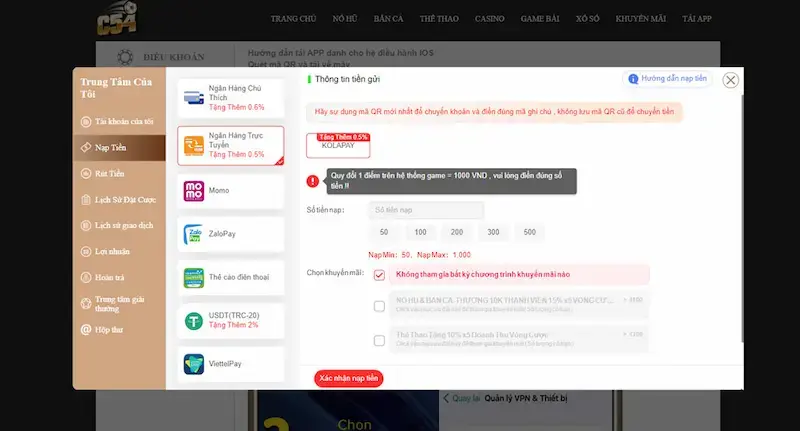 Lưu ý khi thực hiện hướng dẫn rút tiền tại c54 bạn luôn nhớ